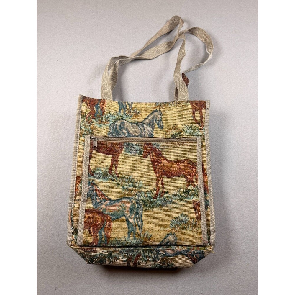 Vintage Horse Tapestry Bag Cottage Core Boho Western Square tote with pockes